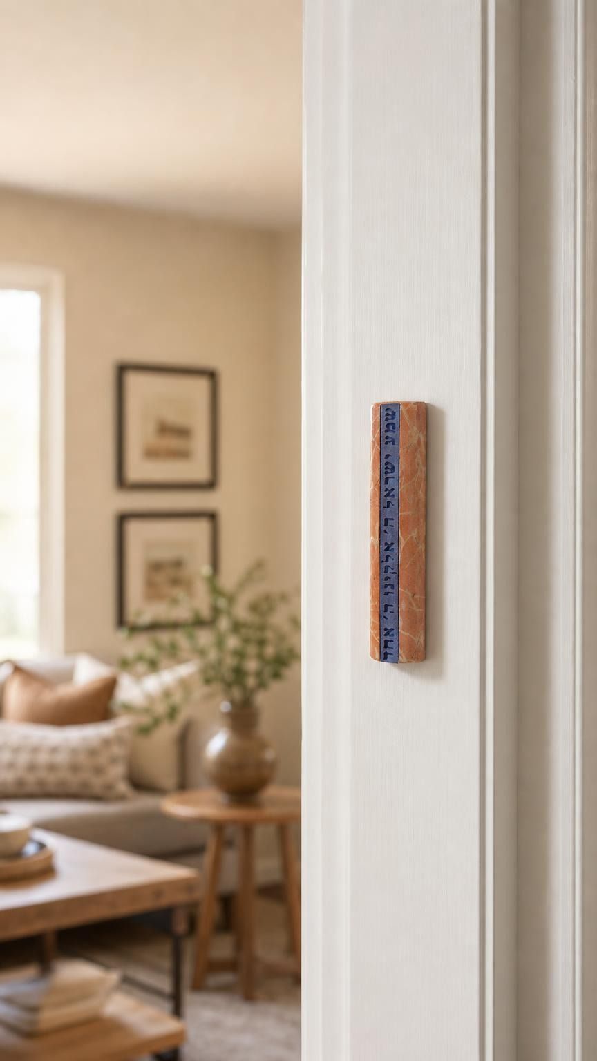 Realistic indoor scene showing Jerusalem stone mezuzah mounted on a right-hand doorpost in a home, positioned within the upper third of the doorframe.
