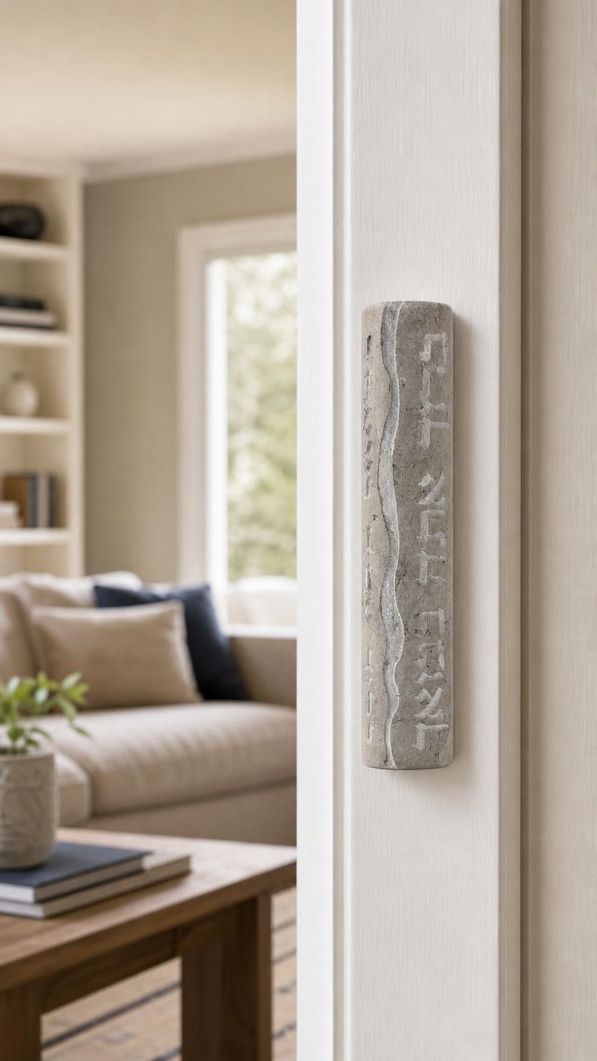 Real Jerusalem stone mezuzah mounted on a residential doorpost, positioned on the right side, showcasing natural material and Hebrew blessing.