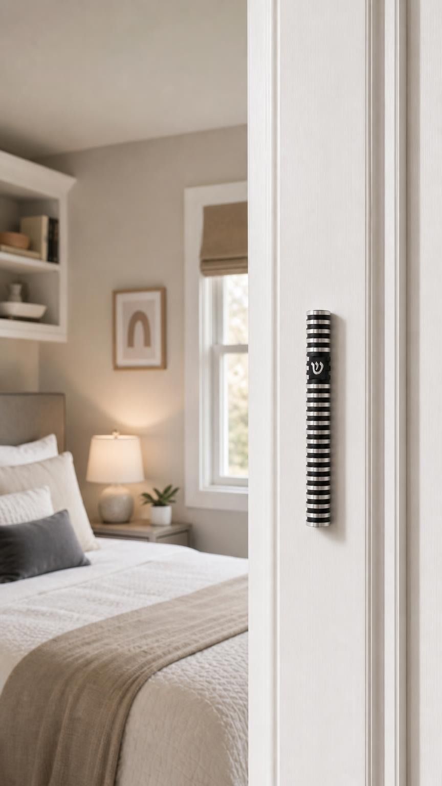 Realistic indoor scene showing grooved black aluminum mezuzah mounted vertically on a residential doorpost on the right side of the doorway.