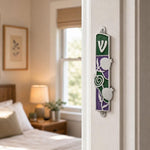 Hyper-realistic indoor scene showing the exact mezuzah mounted vertically on a residential doorpost near the entrance.
