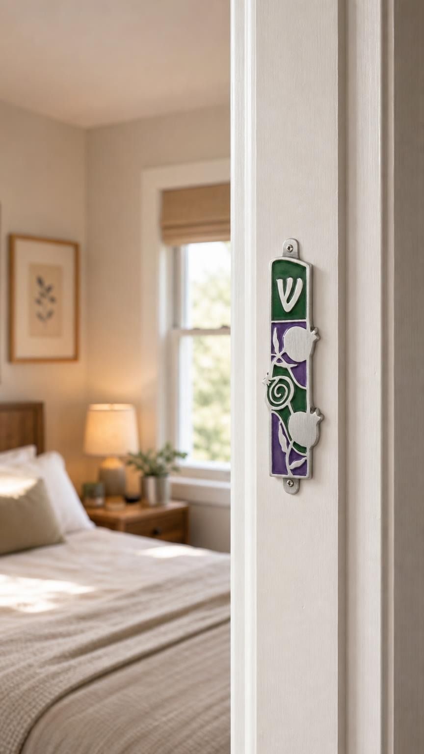 Hyper-realistic indoor scene showing the exact mezuzah mounted vertically on a residential doorpost near the entrance.