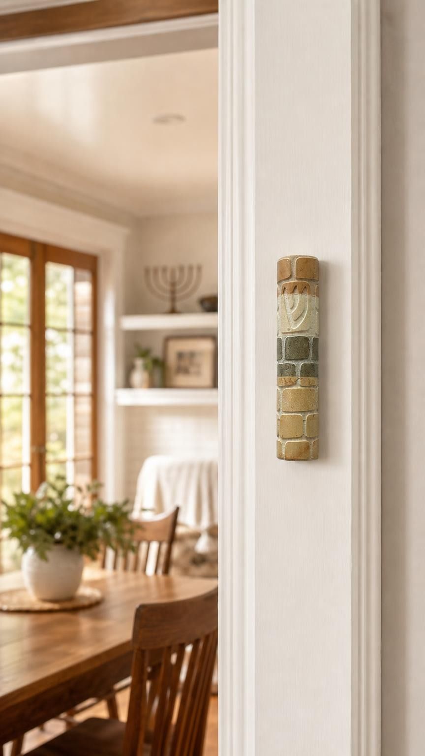 Real Jerusalem stone Mezuzah mounted vertically on a residential doorpost in a natural indoor setting.