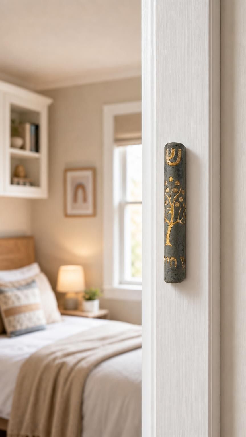 Real Jerusalem stone Tree of Life Gray mezuzah mounted vertically on a doorpost in an indoor setting, positioned on the right side of the doorway.