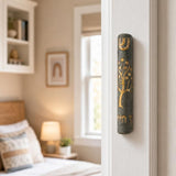 Real Jerusalem stone Tree of Life Gray mezuzah mounted vertically on a doorpost in an indoor setting, positioned on the right side of the doorway.
