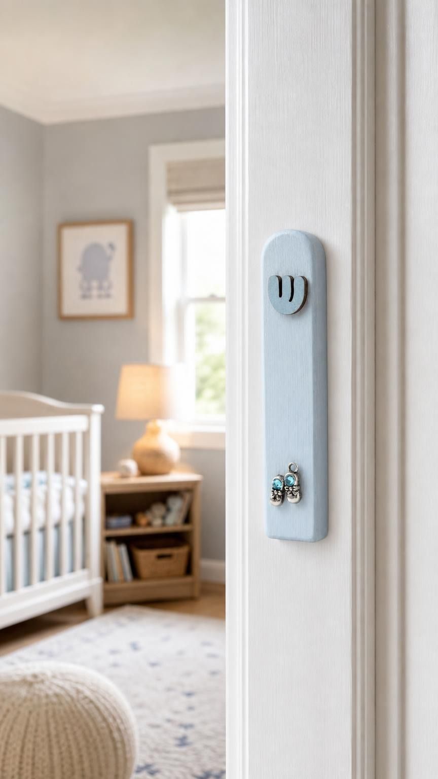 Realistic indoor scene showing New Baby Boy Mezuzah mounted on a residential doorpost beside an entryway.