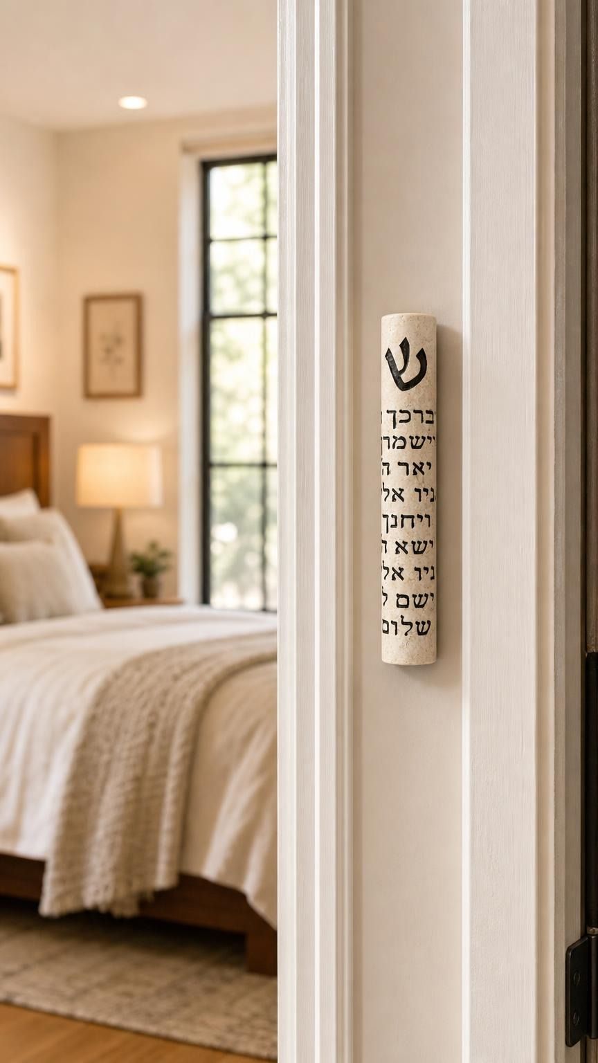 Realistic indoor scene of Jerusalem Stone Mezuzah mounted vertically on a residential doorpost, positioned in the lower third area.