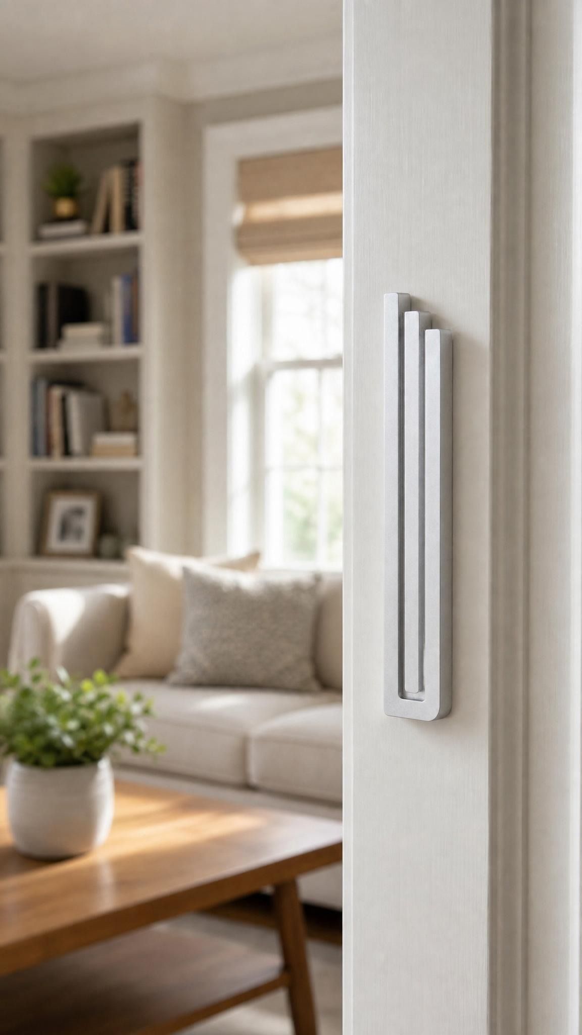 Realistic indoor scene showing the modern silver pyramid mezuzah mounted on a residential doorpost at entryway.
