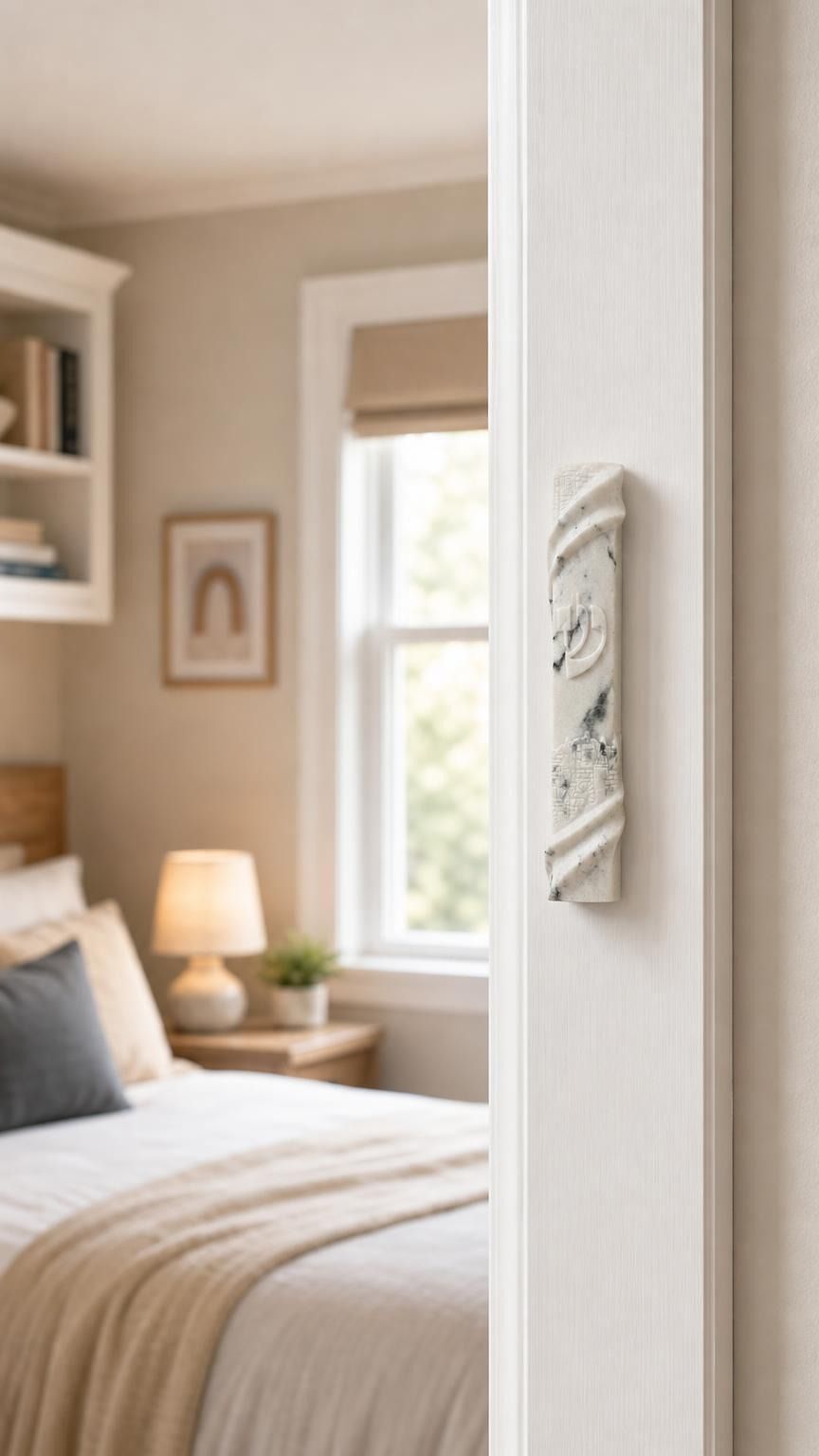 Realistic indoor scene showing the stone-like mezuzah mounted on a residential doorpost near the entrance, in true-to-life scale.