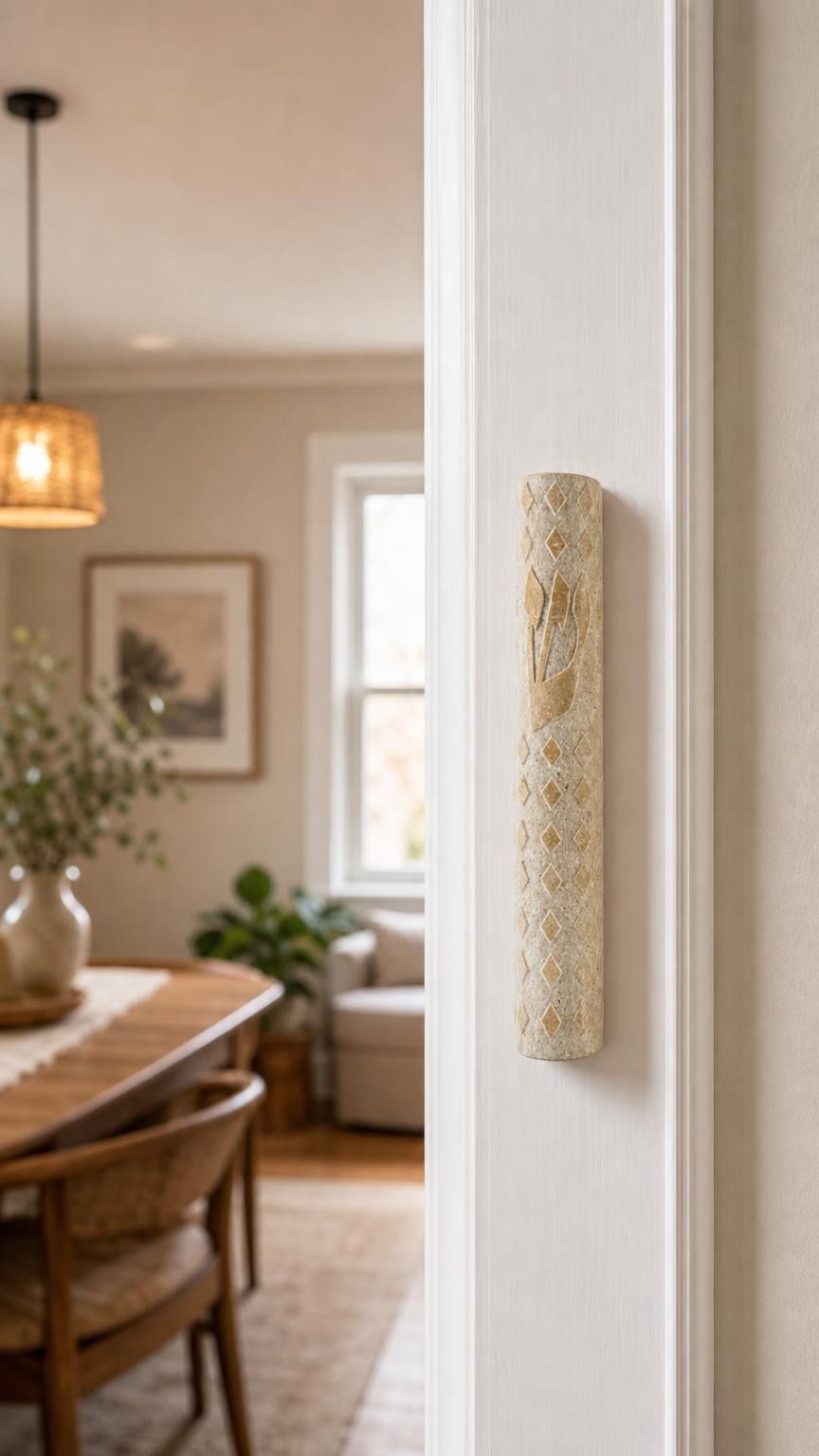 Real Jerusalem stone mezuzah with cream rounded body, diamond carving, and gold-tone Shin, mounted on a doorpost in a home entrance.