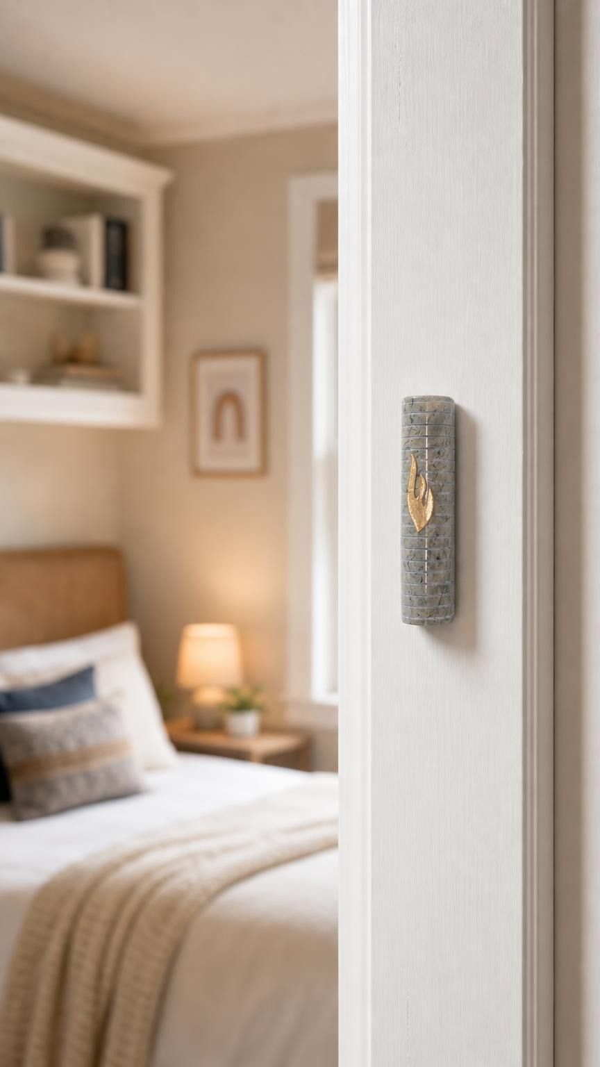 Real Jerusalem stone Mezuzah mounted on a doorpost in an indoor setting, showcasing its natural texture and horizontal lines.