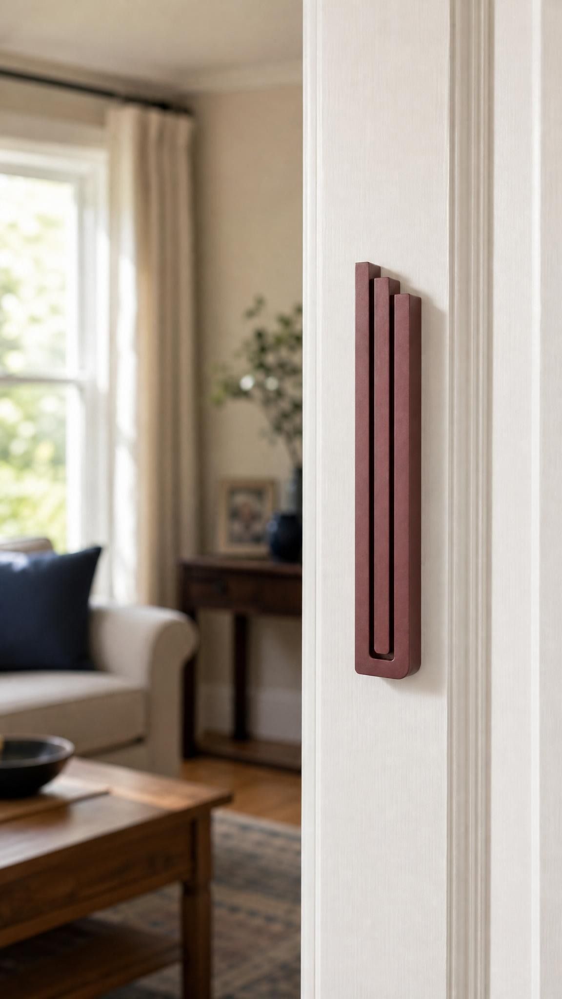 Realistic image of the exact modern burgundy pyramid mezuzah mounted vertically on a doorpost in a residential entryway, showing precise design and scale.