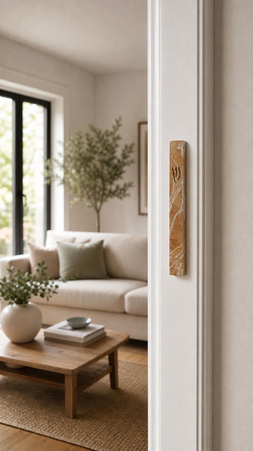 Real Jerusalem stone mezuzah mounted vertically on a residential doorpost, shown in natural indoor lighting at entrance, authentic and precise.