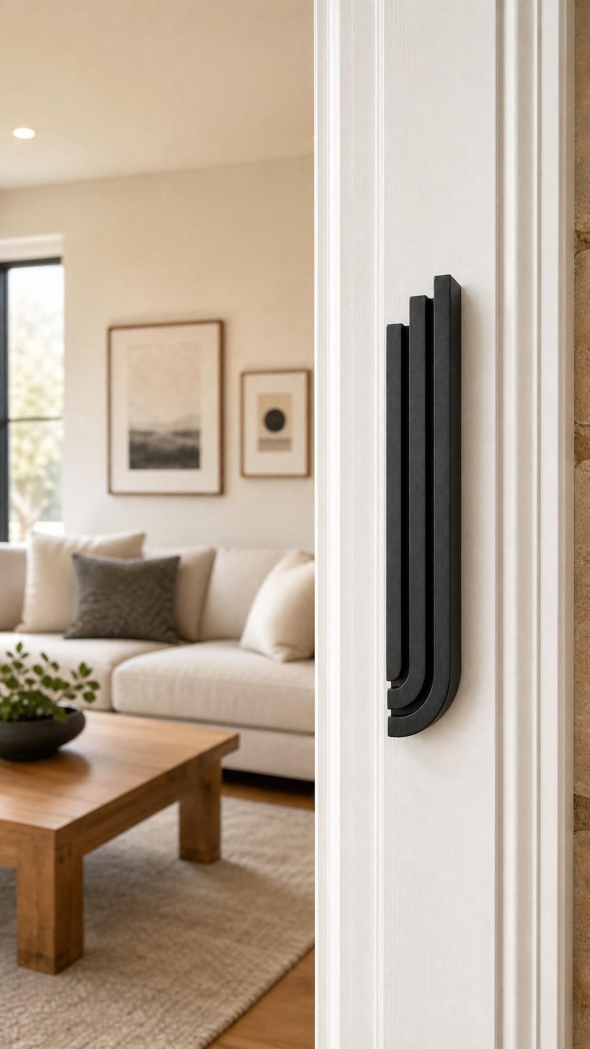 Indoor scene showing a residential door with the Midnight Black Cascade Mezuzah mounted vertically on the right doorpost, viewed from inside the room.