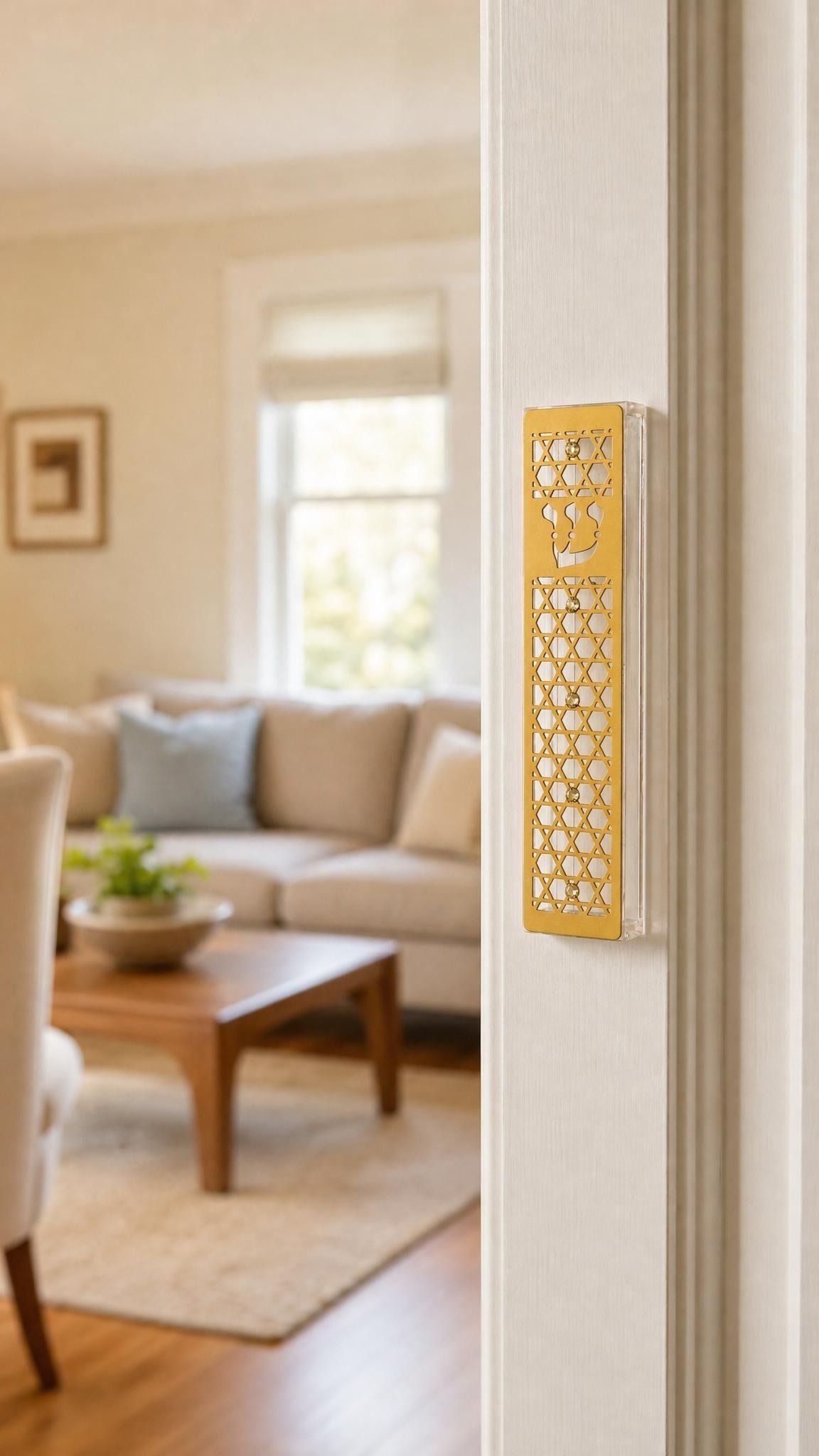 Realistic indoor scene showing a golden star of david acrylic mezuzah mounted on a doorway post.