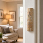 Real Jerusalem stone mezuzah mounted on a doorway doorpost showing textured Kotel engraving in a realistic indoor setting.