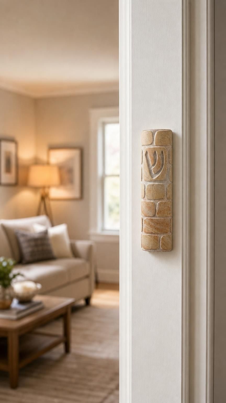 Real Jerusalem stone mezuzah mounted on a doorway doorpost showing textured Kotel engraving in a realistic indoor setting.