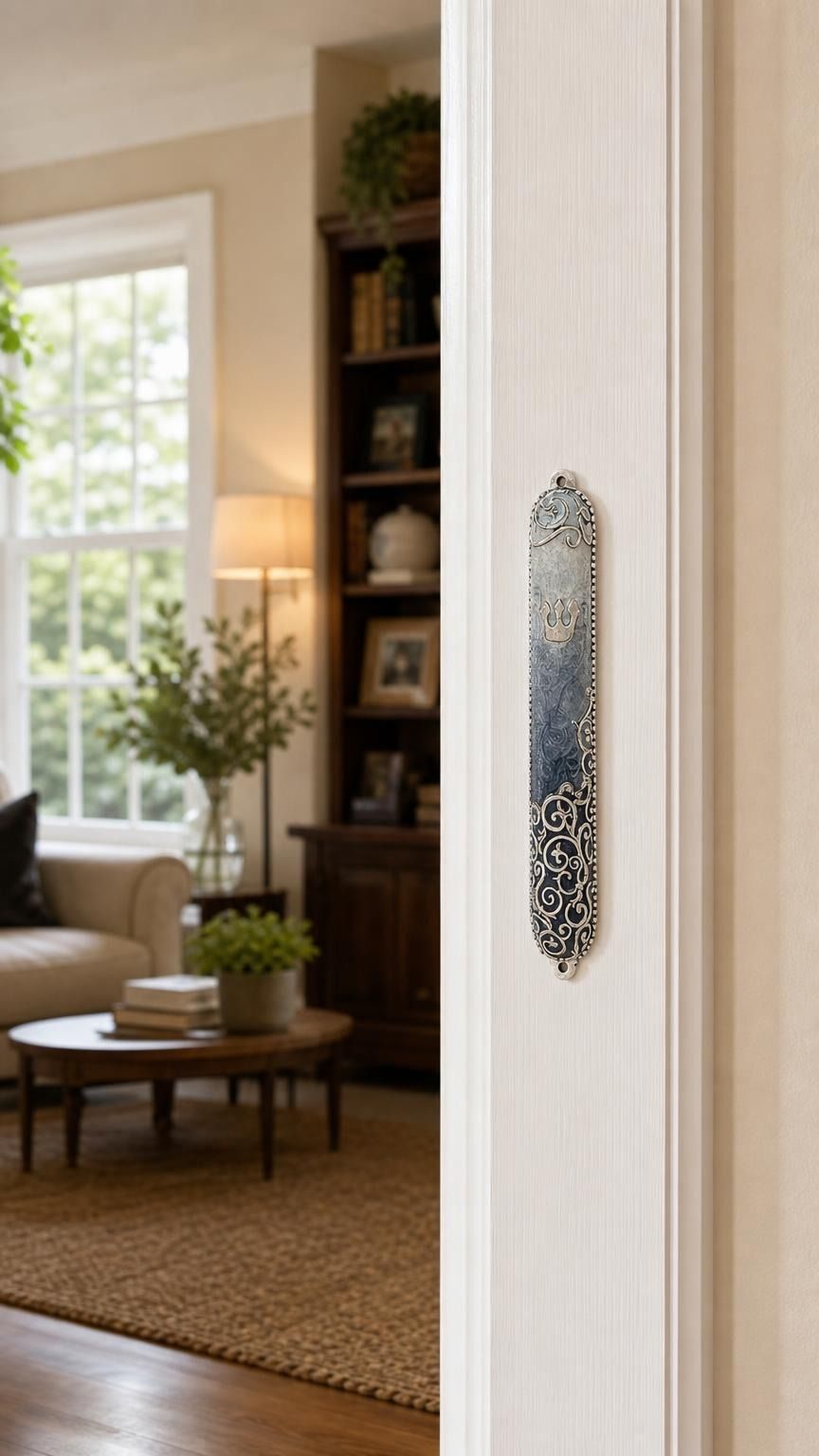 Realistic indoor scene showing the Elegant Swirls Blue Mezuzah mounted on a doorway doorpost.