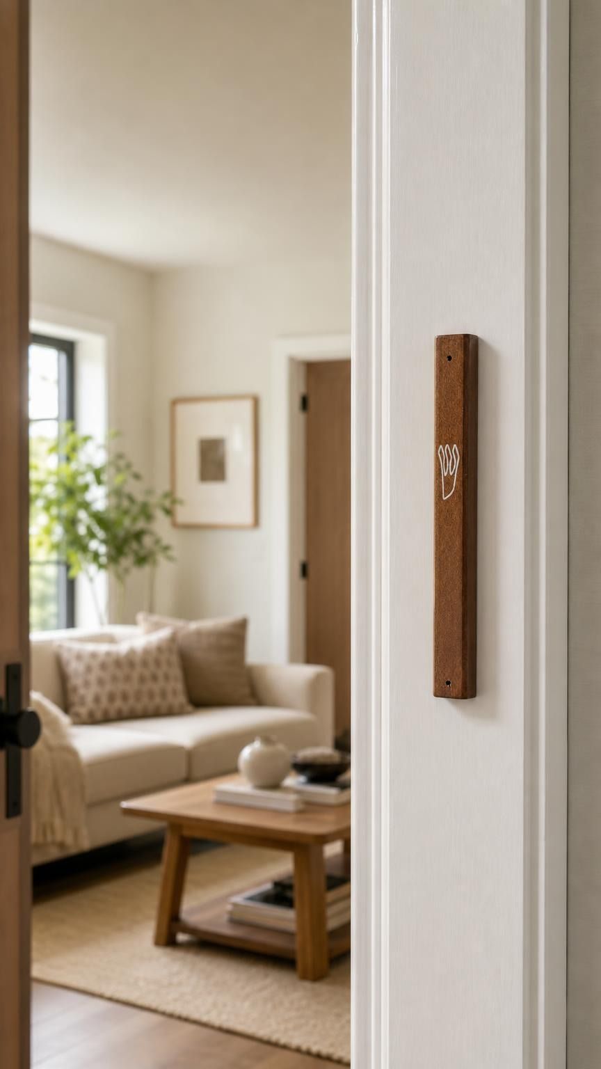 Mahogany wood mezuzah mounted on the right side of an indoor doorpost.