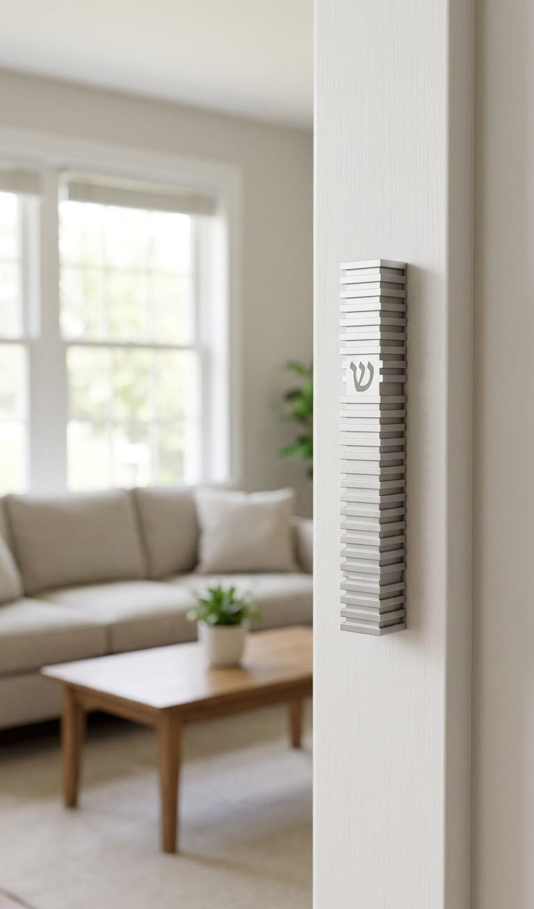 Modern Silver Steps aluminum mezuzah mounted on a narrow modern doorpost with a monochromatic waterproof profile and architectural texture