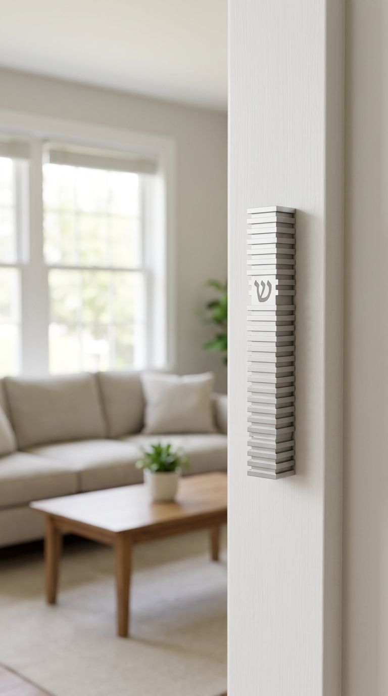 Modern Silver Steps aluminum mezuzah mounted on a narrow modern doorpost with a monochromatic waterproof profile and architectural texture