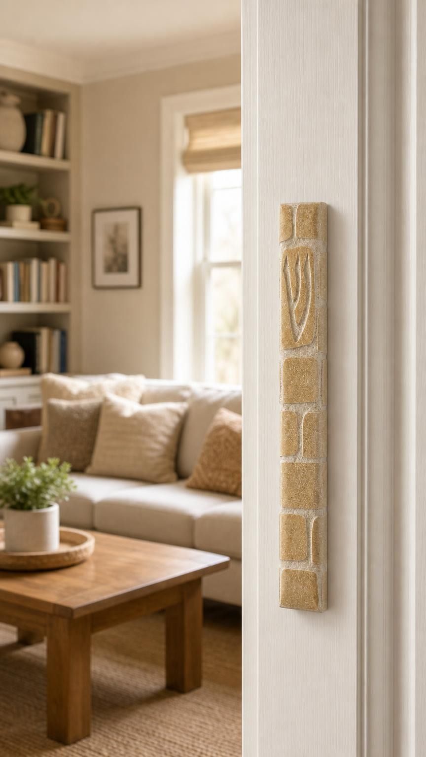 Nine-inch plain stone mezuzah mounted vertically on a residential doorpost.