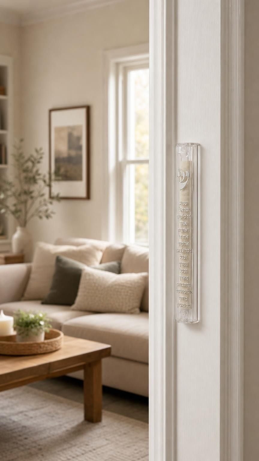 Clear acrylic Shema mezuzah mounted on a doorpost in a home entryway.