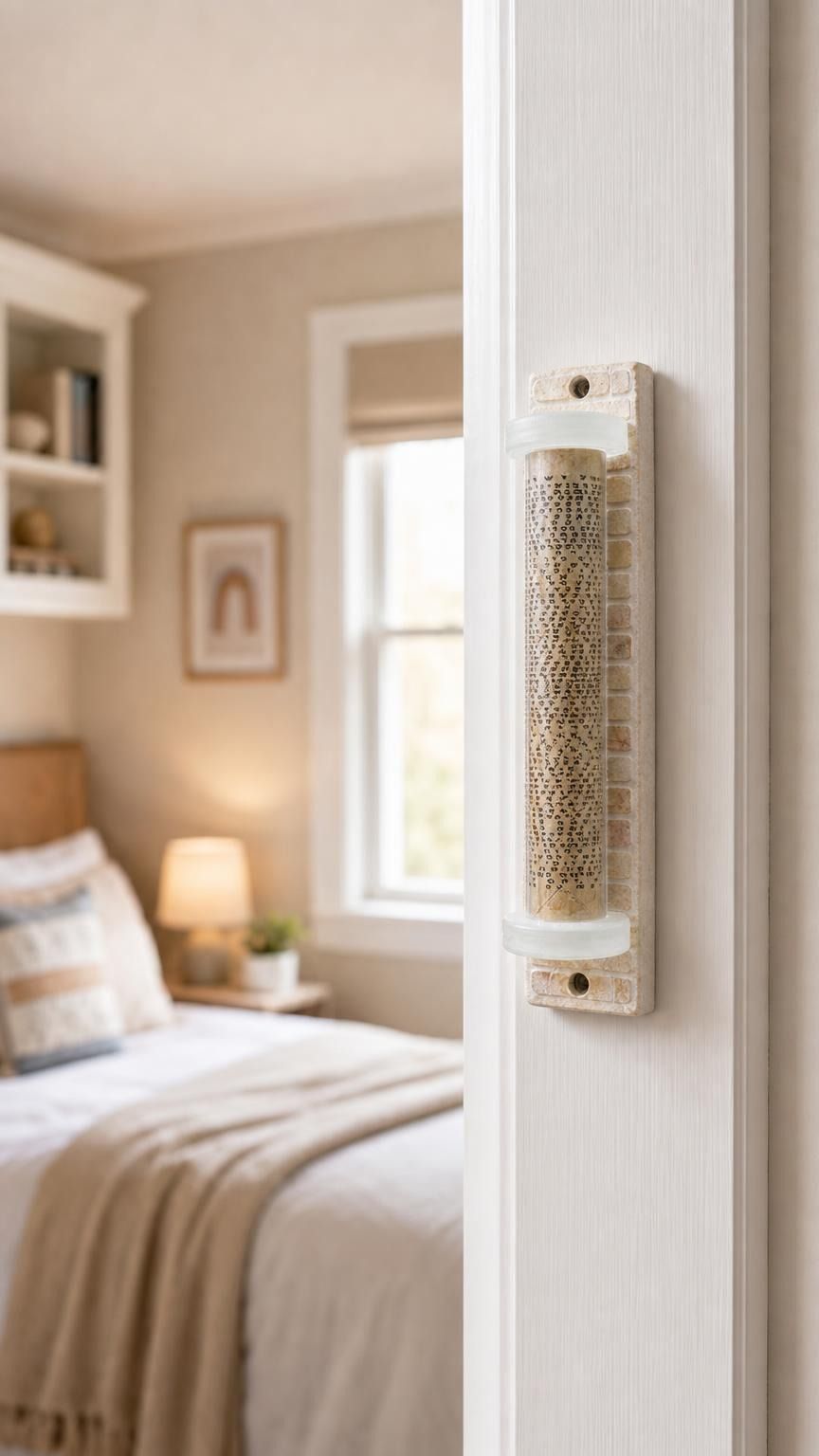 Hyper-realistic indoor scene of a Jerusalem Stone Mezuzah mounted on a doorpost at true-to-life scale, showing detailed engraving and frosted glass cap.