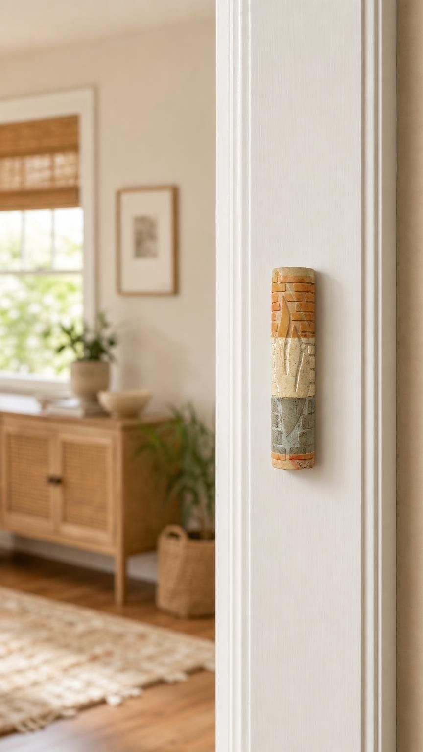 Real Jerusalem stone mezuzah mounted on a doorpost in a natural indoor setting, showing its textured layered surface and earthy tones.