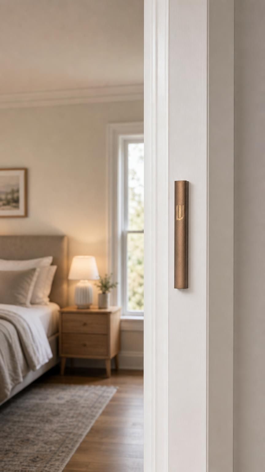 Hyper-realistic indoor scene showing a brown aluminum mezuzah mounted vertically on the right doorpost of a residential doorway, positioned within the lower third.