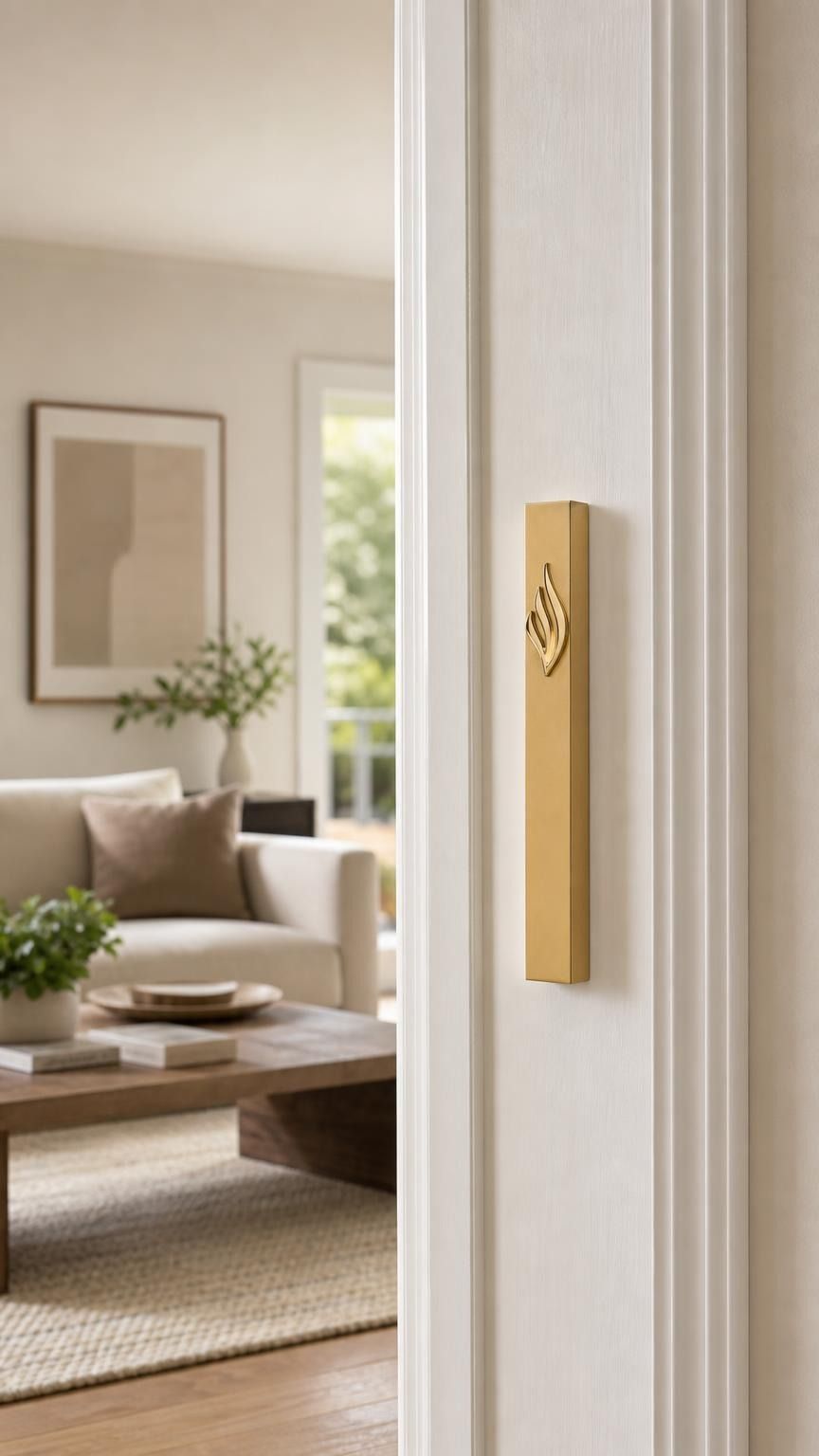 Eternal Flame Gold Aluminum Mezuzah mounted vertically on a residential doorpost, positioned within the lower third, showing its gold finish and Hebrew emblem.