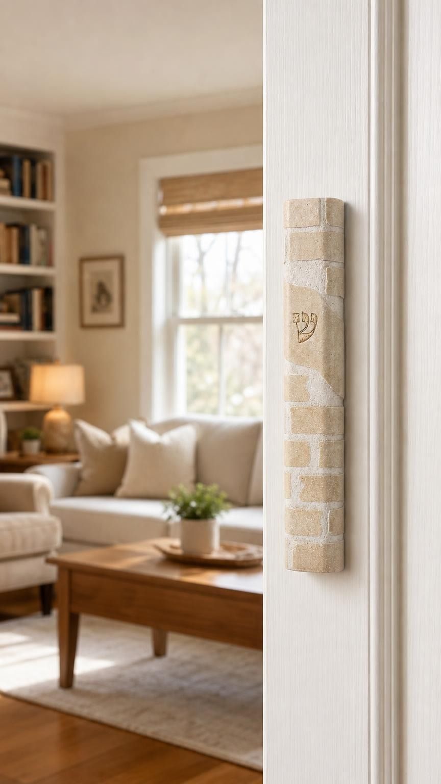 Nine-inch Kotel Jerusalem stone mezuzah on the right doorpost of a residential entrance at true scale.
