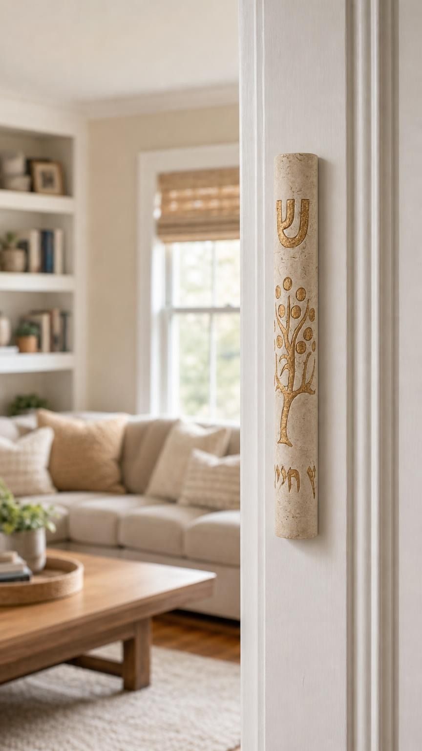 Etz Chaim cream stone mezuzah mounted on the right doorpost of a residential entrance.