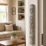 Gray Etz Chaim Jerusalem stone mezuzah on a residential doorpost at true-to-life scale.