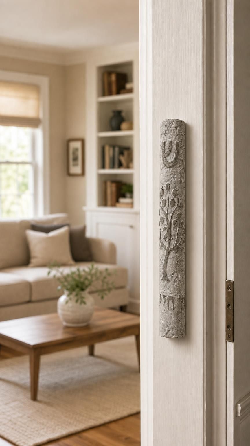 Gray Etz Chaim Jerusalem stone mezuzah on a residential doorpost at true-to-life scale.