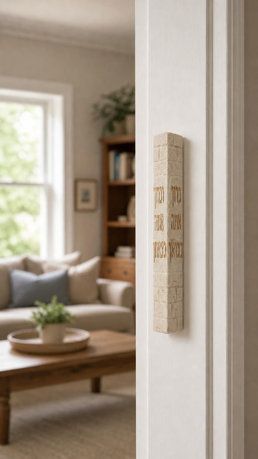 Birkat HaBayit cream stone mezuzah mounted on the right doorpost of a residential door.
