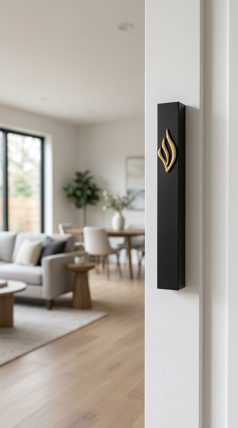 Black aluminum mezuzah mounted on a residential doorpost in a warm, inviting interior setting.