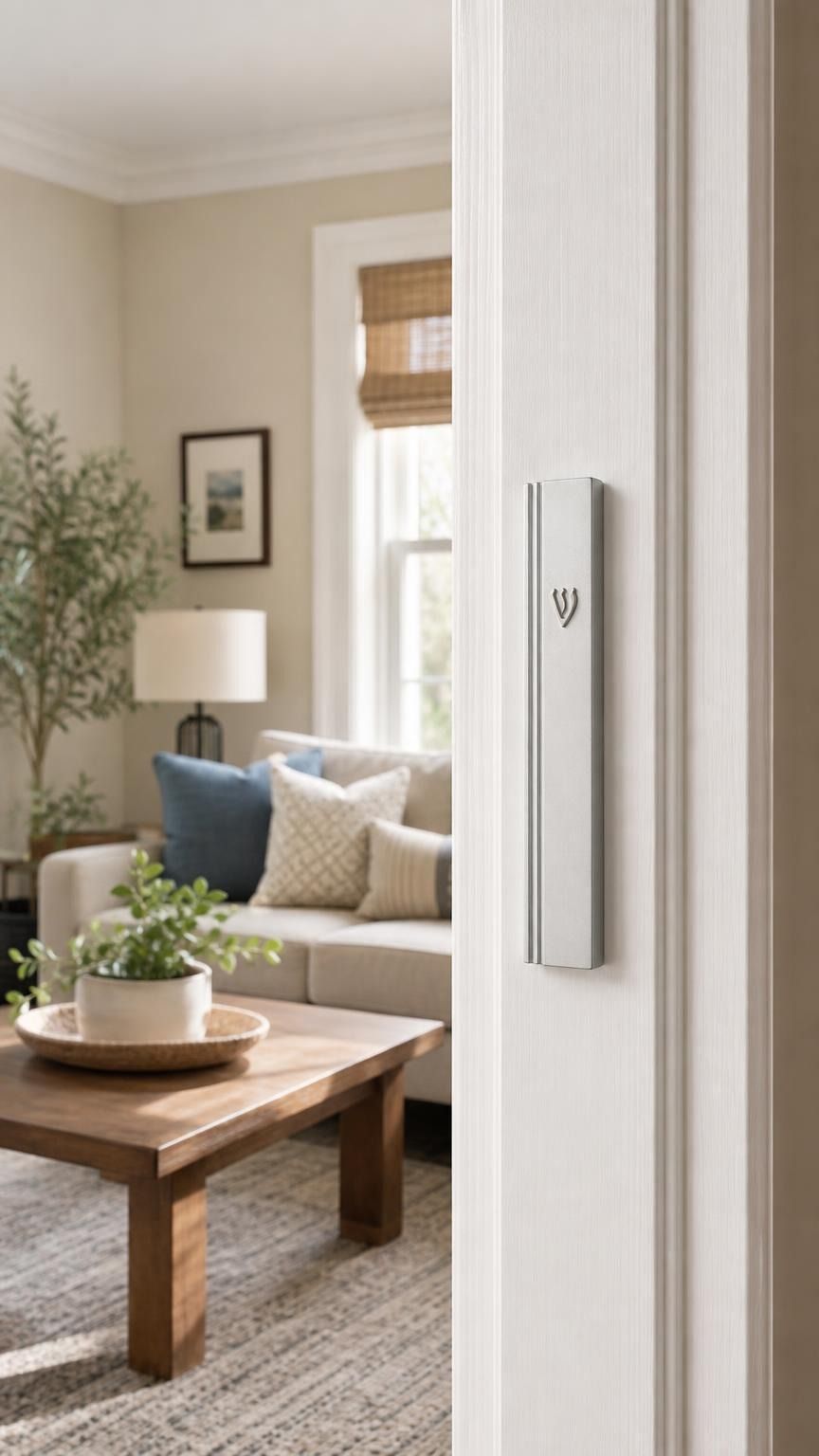 Photograph of a residential doorpost with the matte silver aluminum mezuzah mounted vertically on the right side in a home entryway.