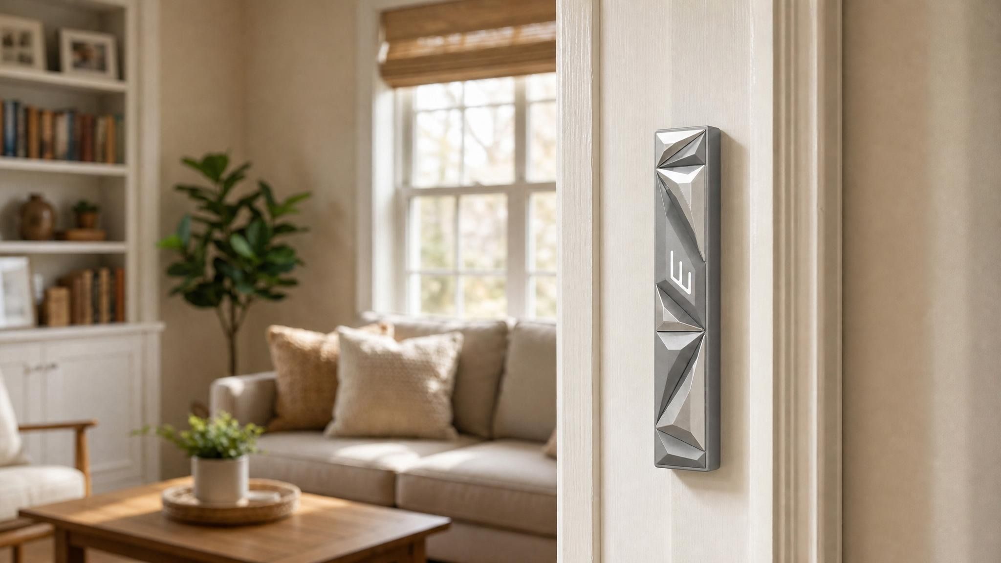 Silver geometric mezuzah mounted vertically on a residential doorpost, in a warm home entryway setting.