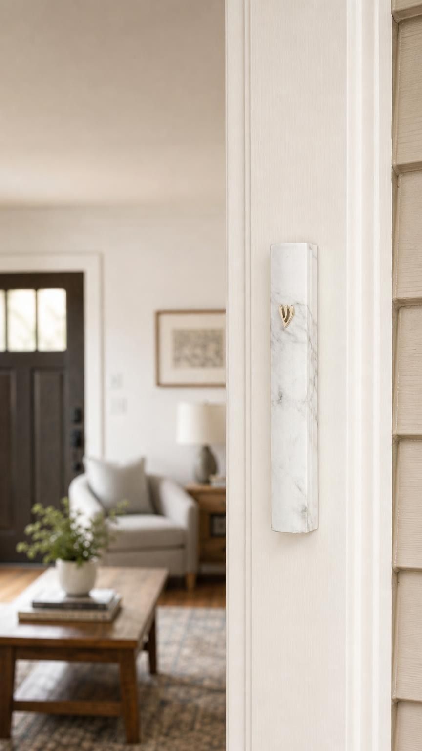 Residential door with white marble outdoor aluminum mezuzah mounted on the right doorpost, showing realistic scale.