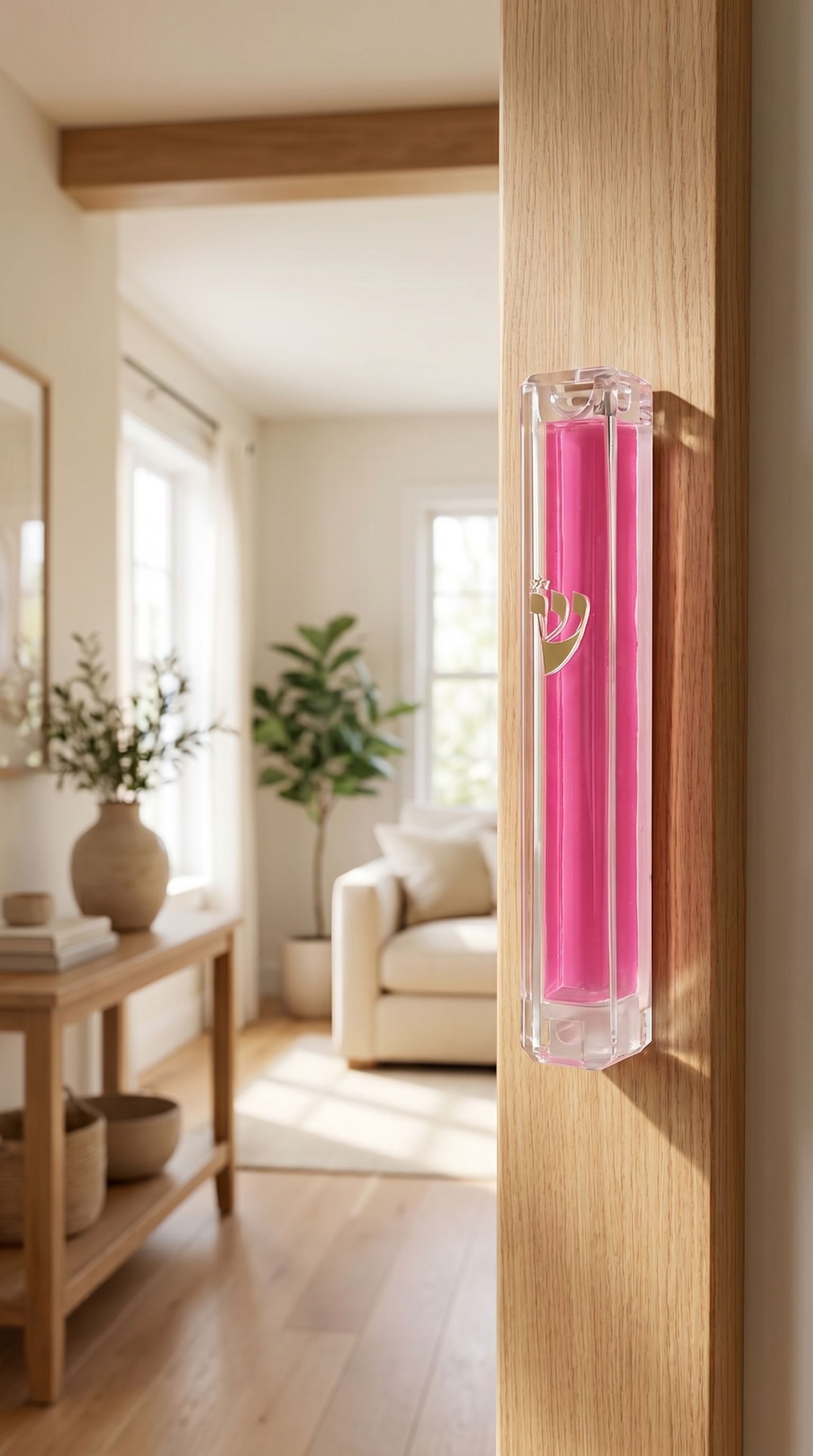 Stylish interior room with a doorway featuring a mounted pink Lucite Mezuzah, blended into a modern home decor setting.