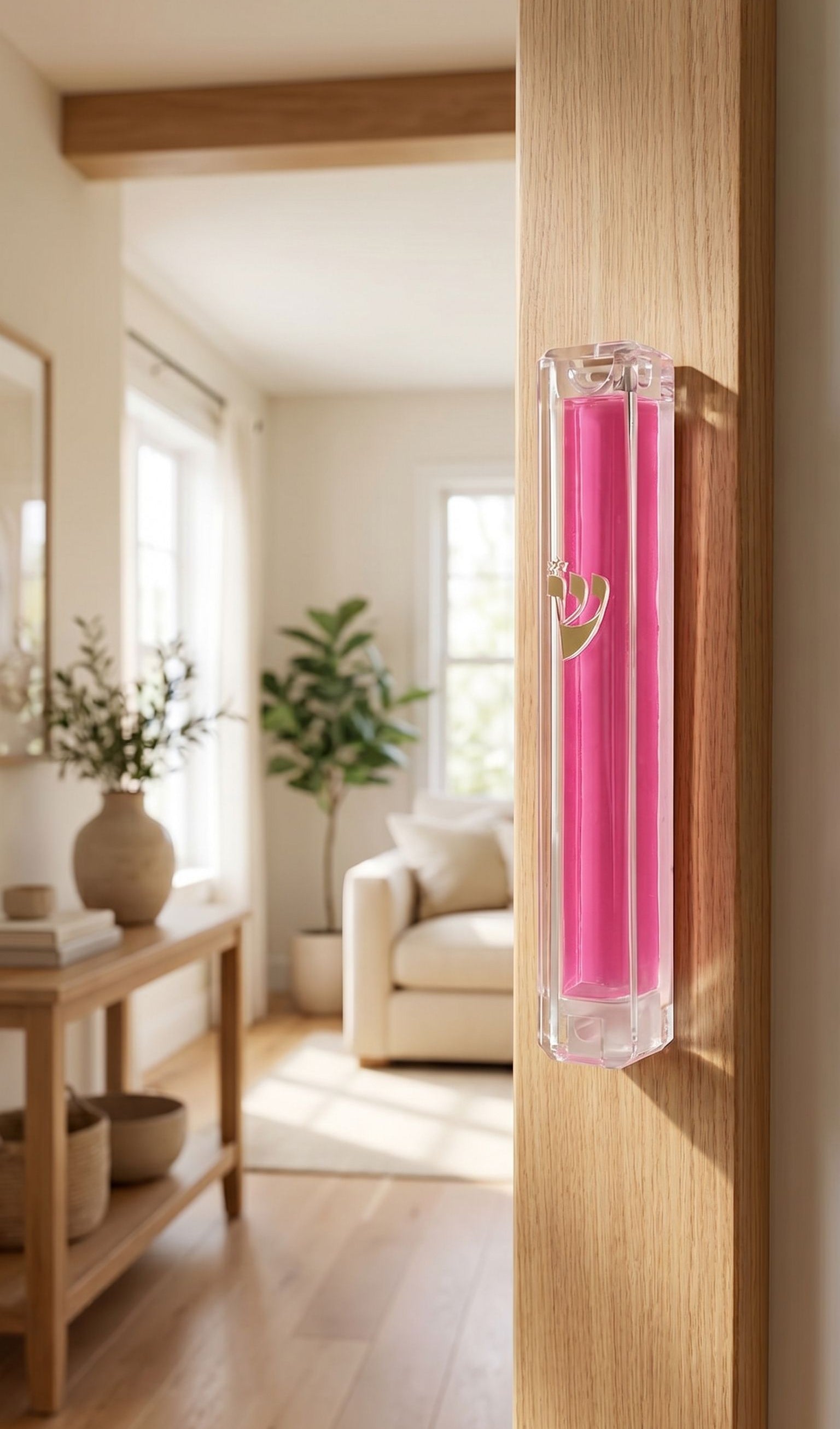 a doorway featuring a mounted pink Lucite Mezuzah cover, blended into a modern home doorpost