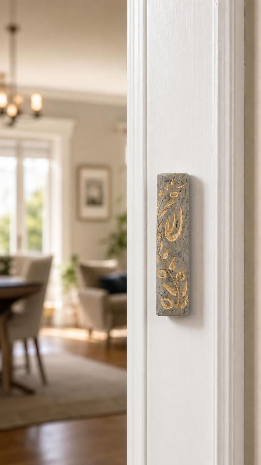 Indoor lifestyle scene with Jerusalem stone Mezuzah mounted on a residential doorpost on the right-hand side, natural lighting.