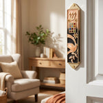 Hyper-realistic indoor doorway scene with mezuzah mounted on the sidewall, next to a room with natural light, showcasing the product's detail and style.