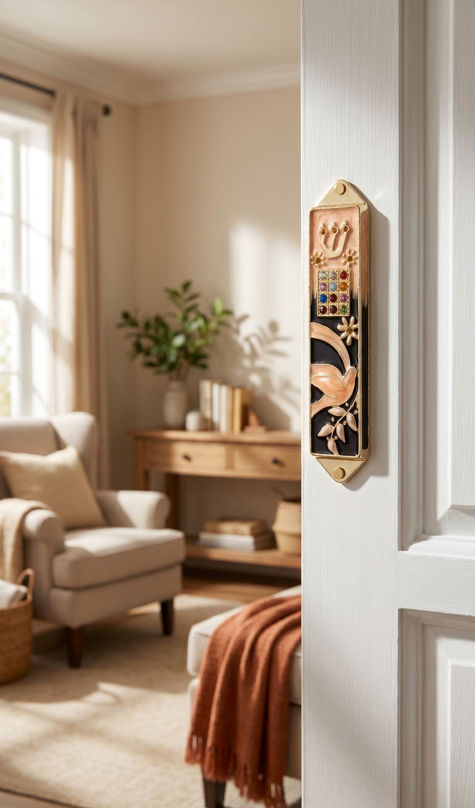 Hyper-realistic indoor doorway scene with mezuzah mounted on the sidewall, next to a room with natural light, showcasing the product's detail and style.