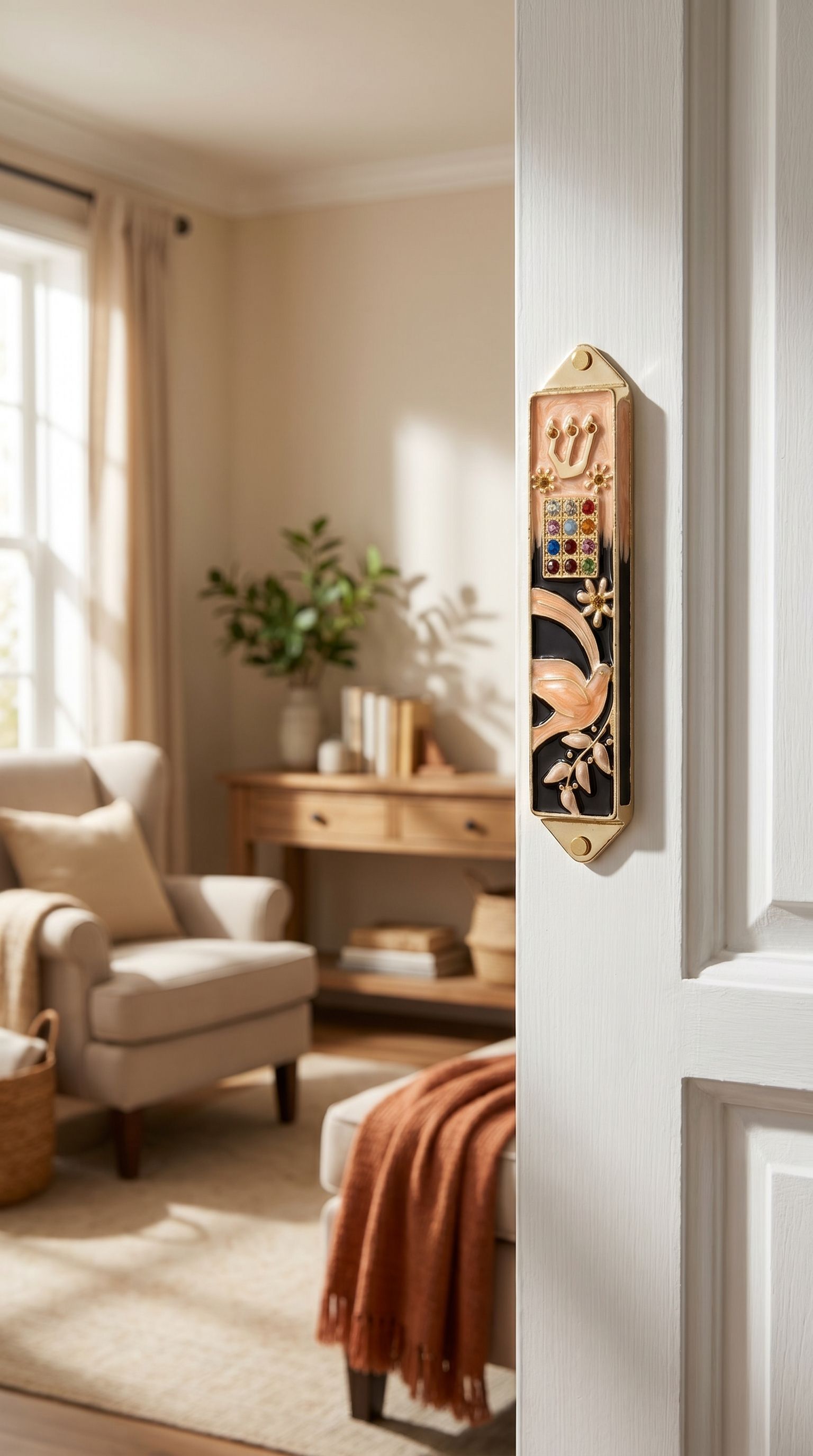 Hyper-realistic indoor doorway scene with mezuzah mounted on the sidewall, next to a room with natural light, showcasing the product's detail and style.