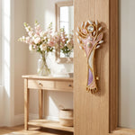 Realistic lifestyle scene showing the pastel tree of life mezuzah mounted on a well-decorated indoor doorframe, emphasizing its decorative detail.