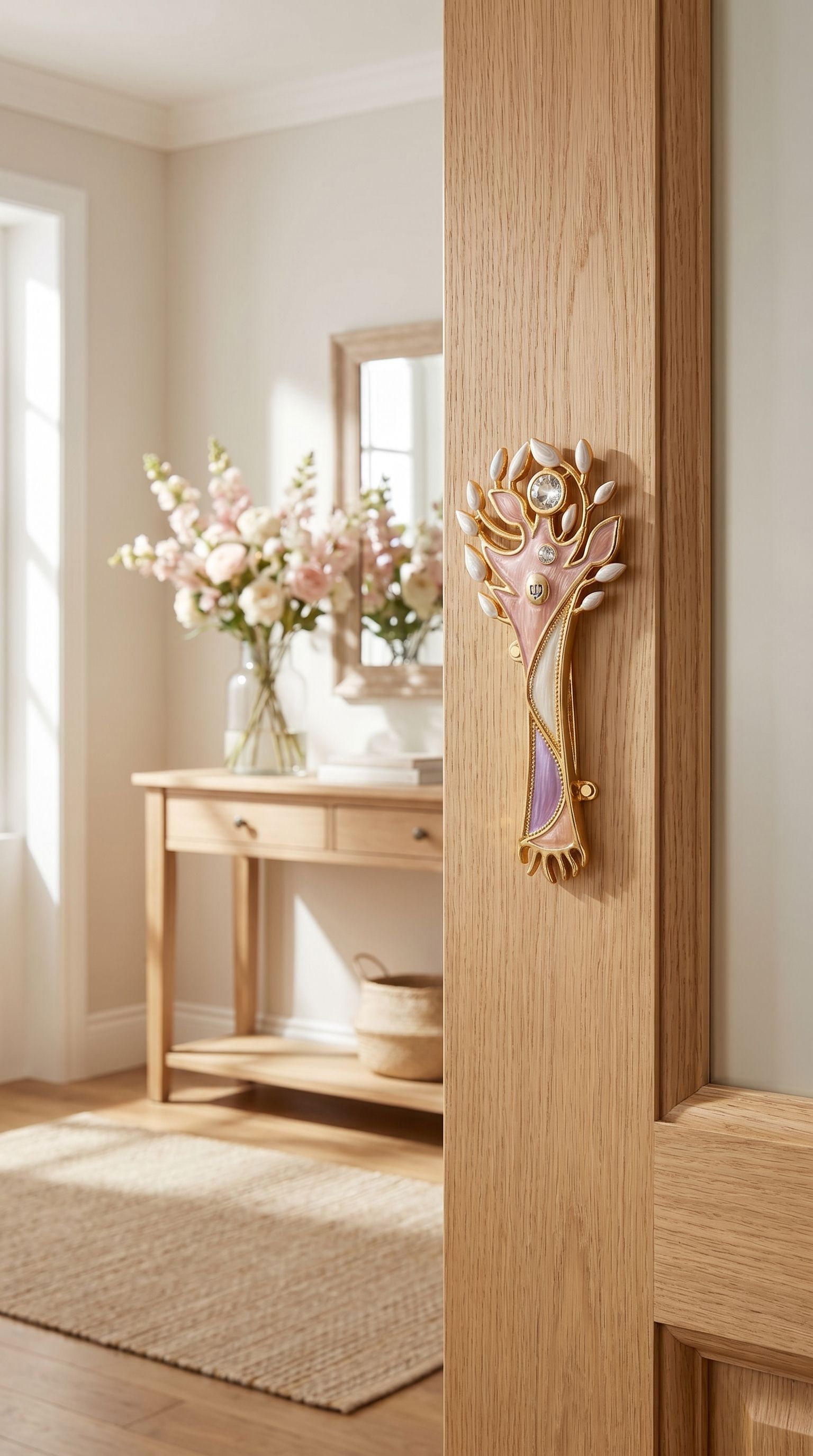 Realistic lifestyle scene showing the pastel tree of life mezuzah mounted on a well-decorated indoor doorframe, emphasizing its decorative detail.