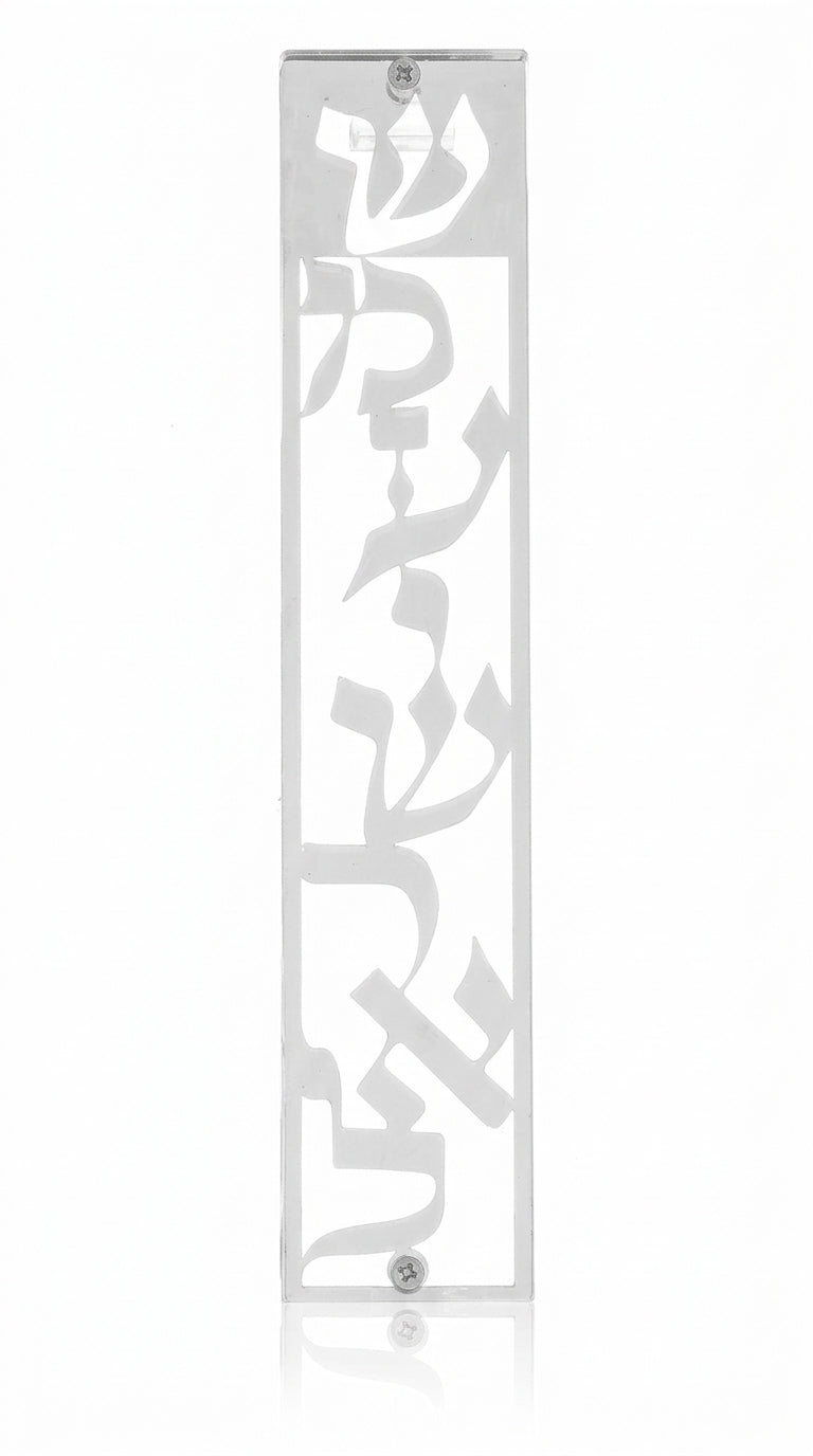 Translucent plastic Mezuzah featuring Hebrew Shema prayer inscription and detailed design, measuring 6.2 inches tall, for doorpost decoration.