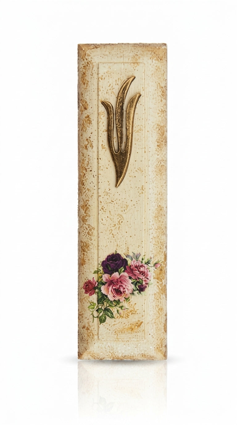 Elegant gold wooden Mezuzah by Israeli artist Israel Gabay, 5.5 inches tall, with intricate details and Hebrew engravings, indoor use.