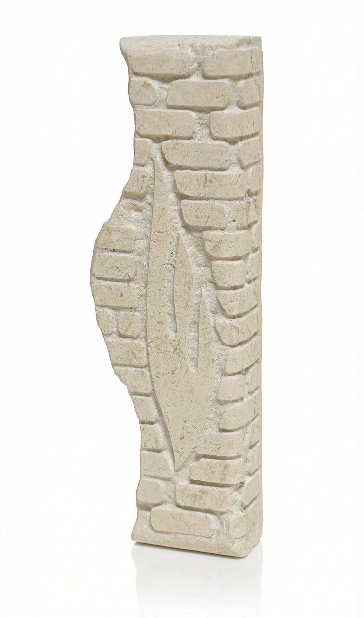 High-resolution image of a handcrafted Jerusalem stone Mezuzah with smooth face and unfinished edges, on a white studio surface with subtle reflection.